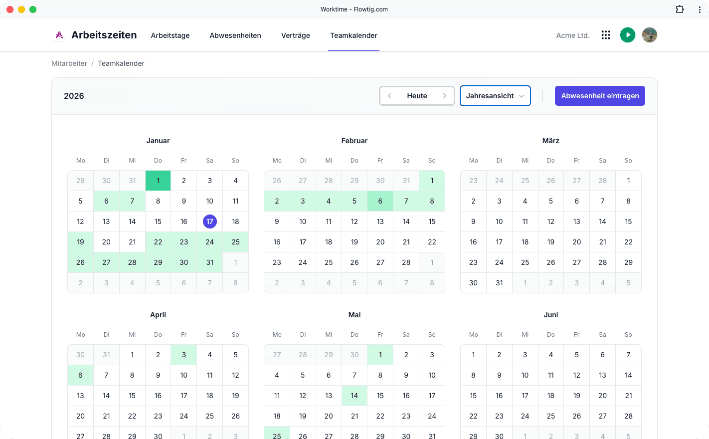 Heatmap Team-Kalender